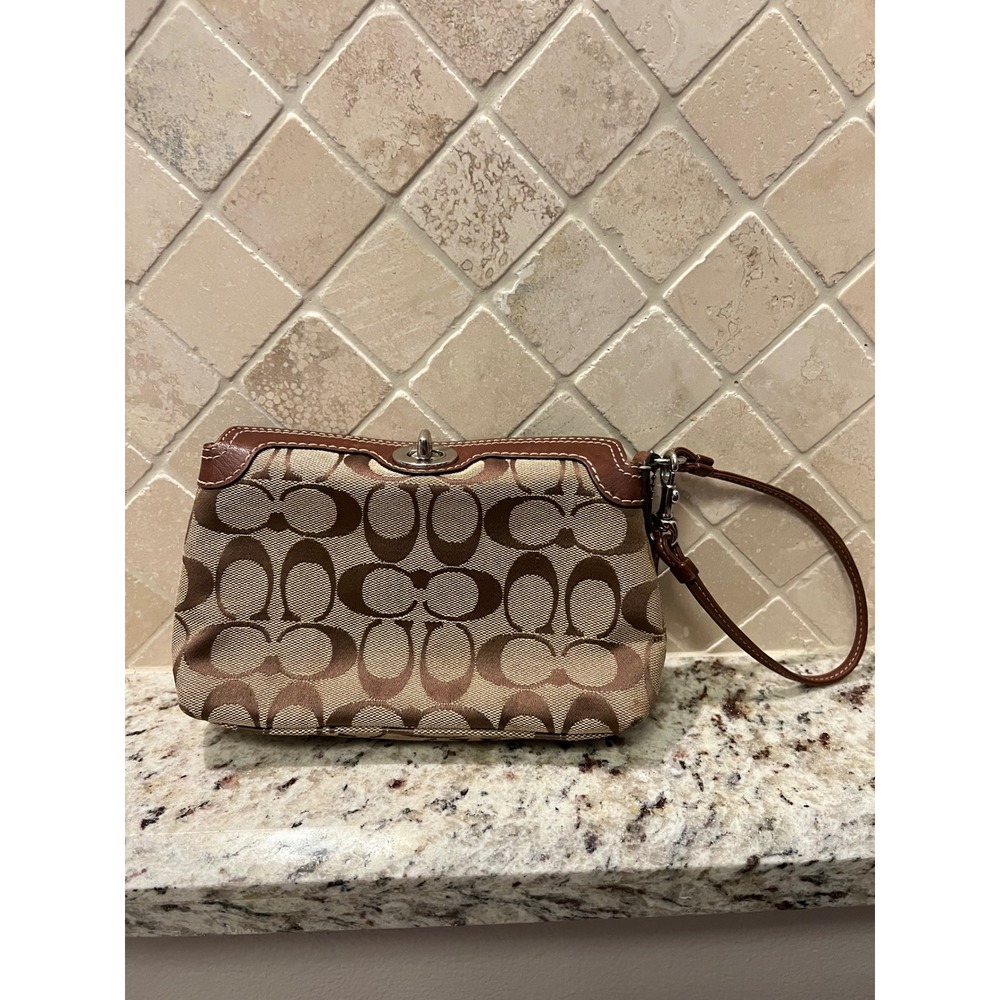 Coach Signature Jacquard Turnlock Wristlet Brown Tan Leather Trim Clutch Bag